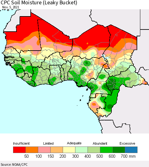 Western Africa CPC Soil Moisture (Leaky Bucket) Thematic Map For 11/1/2021 - 11/5/2021