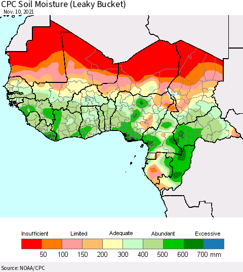 Western Africa CPC Soil Moisture (Leaky Bucket) Thematic Map For 11/6/2021 - 11/10/2021