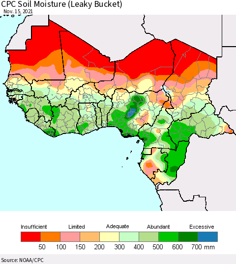 Western Africa CPC Soil Moisture (Leaky Bucket) Thematic Map For 11/11/2021 - 11/15/2021