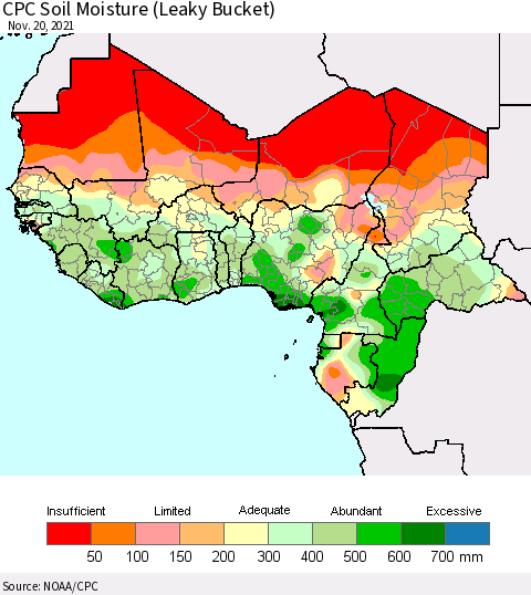 Western Africa CPC Soil Moisture (Leaky Bucket) Thematic Map For 11/16/2021 - 11/20/2021