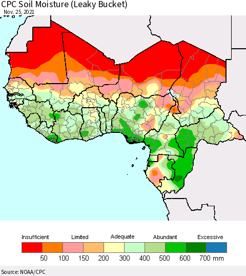 Western Africa CPC Soil Moisture (Leaky Bucket) Thematic Map For 11/21/2021 - 11/25/2021