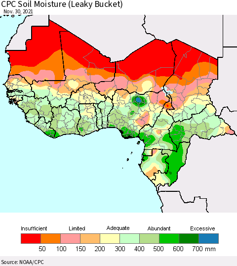 Western Africa CPC Soil Moisture (Leaky Bucket) Thematic Map For 11/26/2021 - 11/30/2021