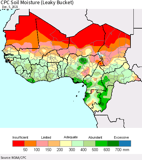 Western Africa CPC Soil Moisture (Leaky Bucket) Thematic Map For 12/1/2021 - 12/5/2021