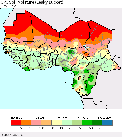 Western Africa CPC Soil Moisture (Leaky Bucket) Thematic Map For 12/6/2021 - 12/10/2021