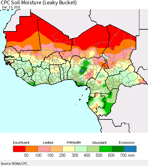 Western Africa CPC Soil Moisture (Leaky Bucket) Thematic Map For 12/11/2021 - 12/15/2021