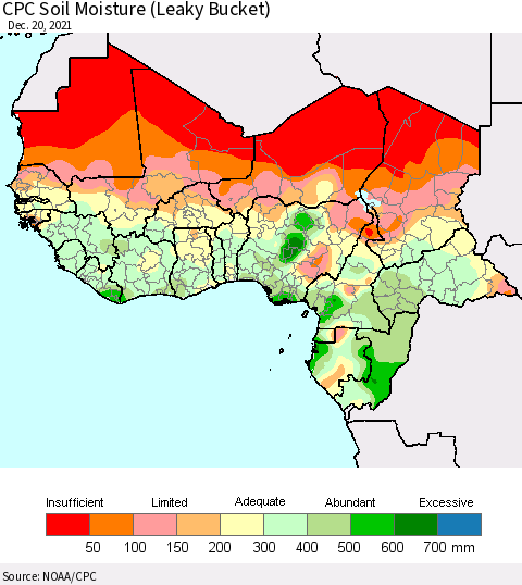 Western Africa CPC Soil Moisture (Leaky Bucket) Thematic Map For 12/16/2021 - 12/20/2021