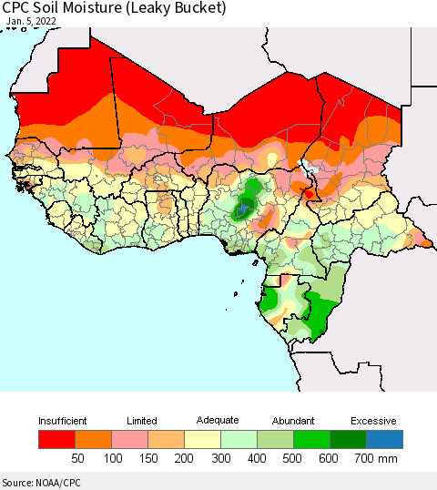 Western Africa CPC Soil Moisture (Leaky Bucket) Thematic Map For 1/1/2022 - 1/5/2022