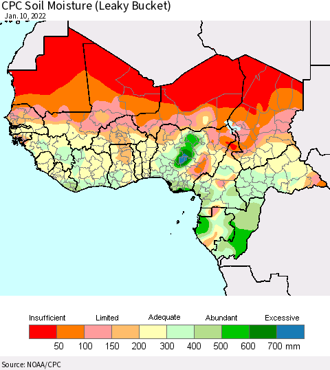 Western Africa CPC Soil Moisture (Leaky Bucket) Thematic Map For 1/6/2022 - 1/10/2022