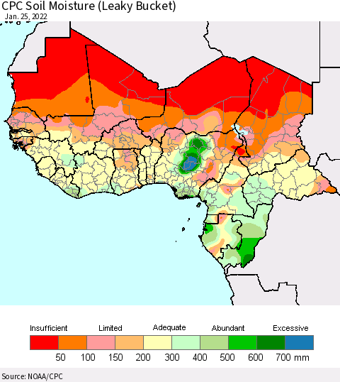 Western Africa CPC Soil Moisture (Leaky Bucket) Thematic Map For 1/21/2022 - 1/25/2022