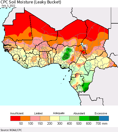 Western Africa CPC Soil Moisture (Leaky Bucket) Thematic Map For 2/1/2022 - 2/5/2022