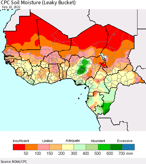 Western Africa CPC Soil Moisture (Leaky Bucket) Thematic Map For 2/6/2022 - 2/10/2022