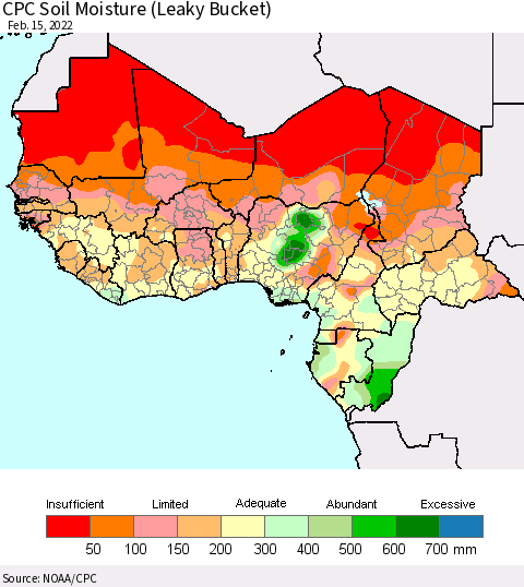 Western Africa CPC Soil Moisture (Leaky Bucket) Thematic Map For 2/11/2022 - 2/15/2022