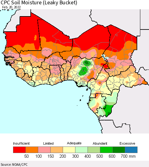 Western Africa CPC Soil Moisture (Leaky Bucket) Thematic Map For 2/16/2022 - 2/20/2022