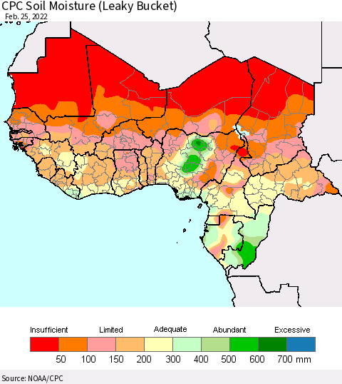 Western Africa CPC Soil Moisture (Leaky Bucket) Thematic Map For 2/21/2022 - 2/25/2022