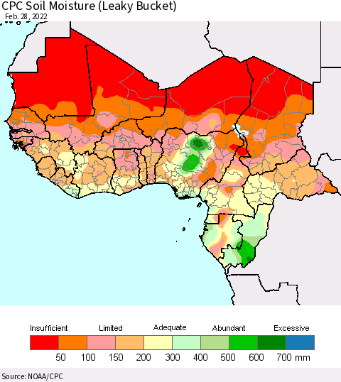 Western Africa CPC Soil Moisture (Leaky Bucket) Thematic Map For 2/26/2022 - 2/28/2022