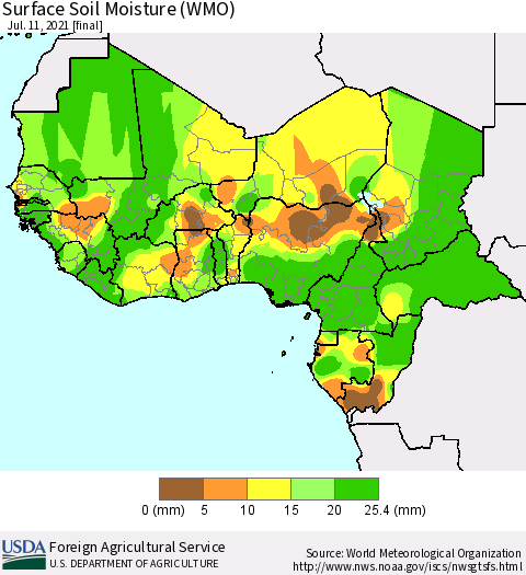 Western Africa Surface Soil Moisture (WMO) Thematic Map For 7/5/2021 - 7/11/2021