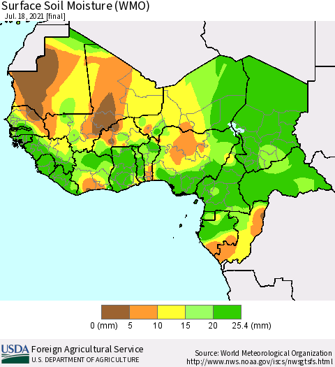 Western Africa Surface Soil Moisture (WMO) Thematic Map For 7/12/2021 - 7/18/2021