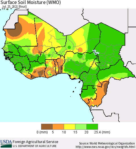 Western Africa Surface Soil Moisture (WMO) Thematic Map For 7/19/2021 - 7/25/2021