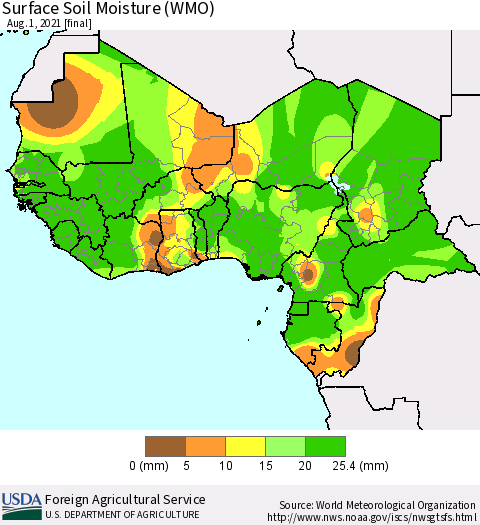 Western Africa Surface Soil Moisture (WMO) Thematic Map For 7/26/2021 - 8/1/2021