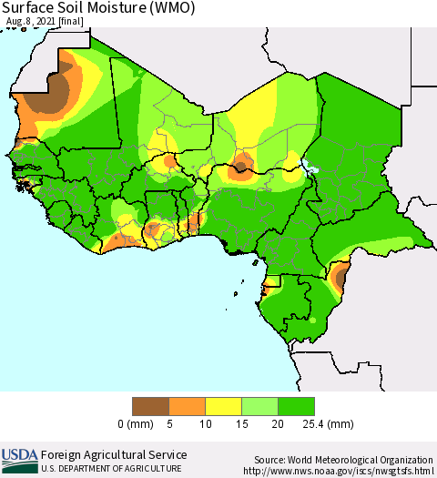Western Africa Surface Soil Moisture (WMO) Thematic Map For 8/2/2021 - 8/8/2021