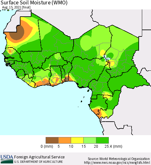 Western Africa Surface Soil Moisture (WMO) Thematic Map For 8/9/2021 - 8/15/2021