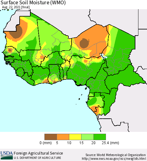 Western Africa Surface Soil Moisture (WMO) Thematic Map For 8/16/2021 - 8/22/2021