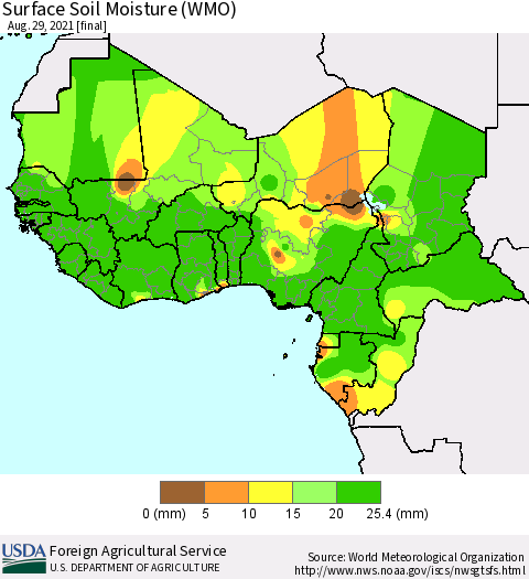 Western Africa Surface Soil Moisture (WMO) Thematic Map For 8/23/2021 - 8/29/2021