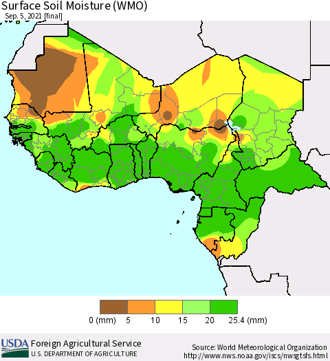 Western Africa Surface Soil Moisture (WMO) Thematic Map For 8/30/2021 - 9/5/2021