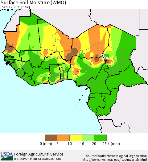 Western Africa Surface Soil Moisture (WMO) Thematic Map For 9/6/2021 - 9/12/2021