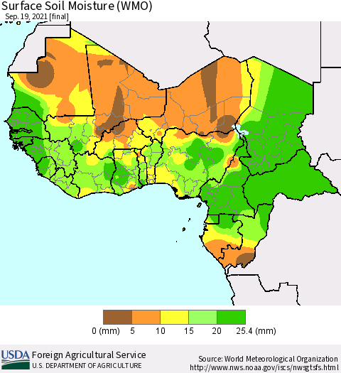 Western Africa Surface Soil Moisture (WMO) Thematic Map For 9/13/2021 - 9/19/2021
