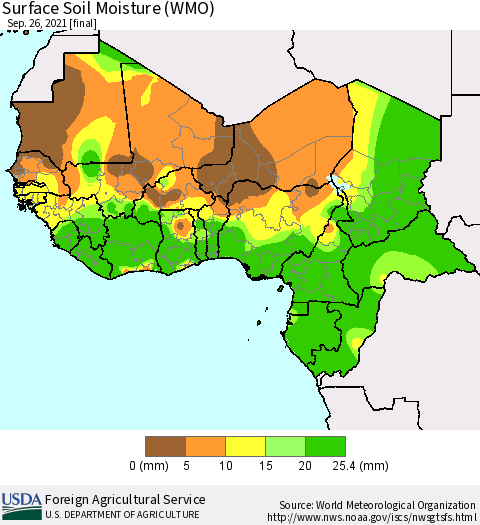 Western Africa Surface Soil Moisture (WMO) Thematic Map For 9/20/2021 - 9/26/2021