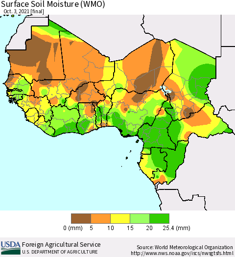 Western Africa Surface Soil Moisture (WMO) Thematic Map For 9/27/2021 - 10/3/2021