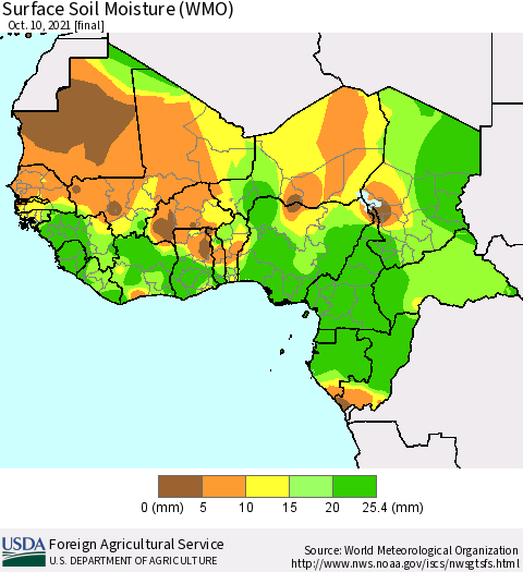 Western Africa Surface Soil Moisture (WMO) Thematic Map For 10/4/2021 - 10/10/2021