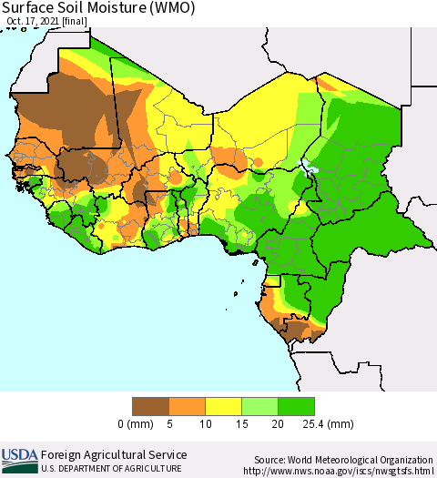 Western Africa Surface Soil Moisture (WMO) Thematic Map For 10/11/2021 - 10/17/2021