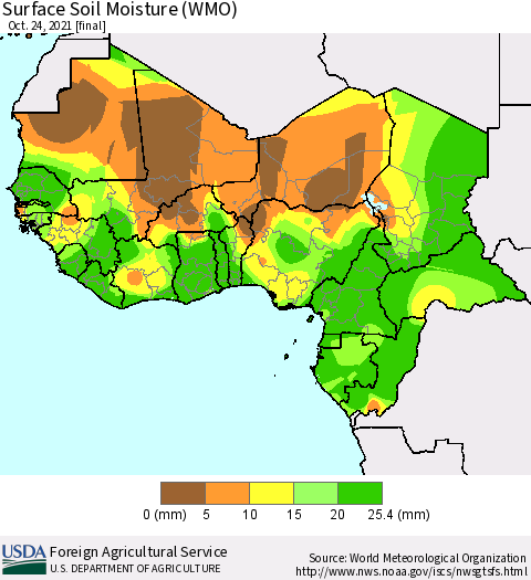 Western Africa Surface Soil Moisture (WMO) Thematic Map For 10/18/2021 - 10/24/2021