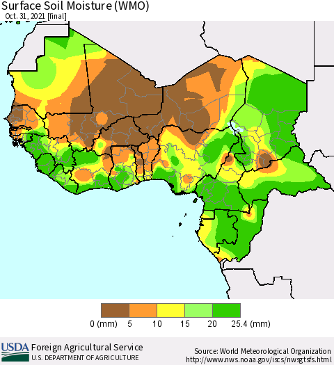 Western Africa Surface Soil Moisture (WMO) Thematic Map For 10/25/2021 - 10/31/2021