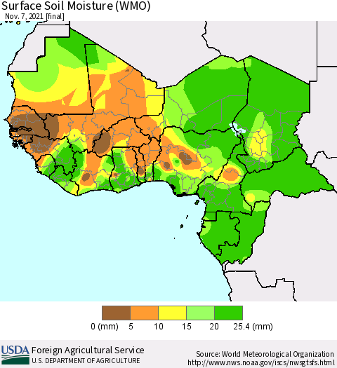 Western Africa Surface Soil Moisture (WMO) Thematic Map For 11/1/2021 - 11/7/2021