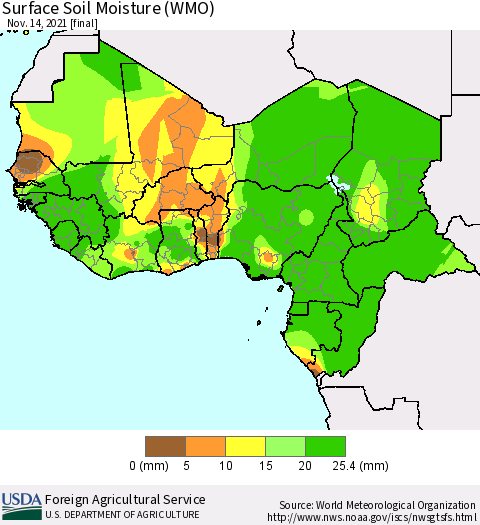 Western Africa Surface Soil Moisture (WMO) Thematic Map For 11/8/2021 - 11/14/2021