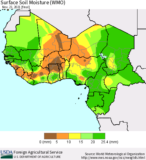 Western Africa Surface Soil Moisture (WMO) Thematic Map For 11/15/2021 - 11/21/2021