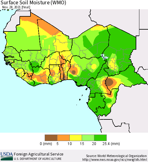 Western Africa Surface Soil Moisture (WMO) Thematic Map For 11/22/2021 - 11/28/2021