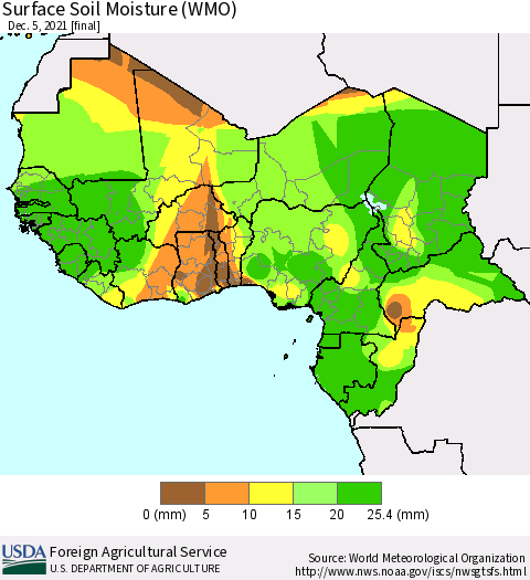 Western Africa Surface Soil Moisture (WMO) Thematic Map For 11/29/2021 - 12/5/2021