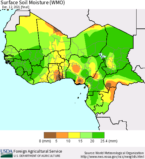 Western Africa Surface Soil Moisture (WMO) Thematic Map For 12/6/2021 - 12/12/2021