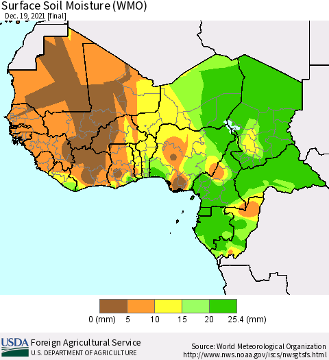 Western Africa Surface Soil Moisture (WMO) Thematic Map For 12/13/2021 - 12/19/2021