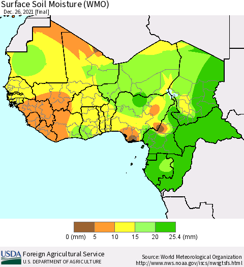 Western Africa Surface Soil Moisture (WMO) Thematic Map For 12/20/2021 - 12/26/2021