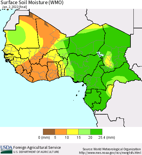 Western Africa Surface Soil Moisture (WMO) Thematic Map For 12/27/2021 - 1/2/2022