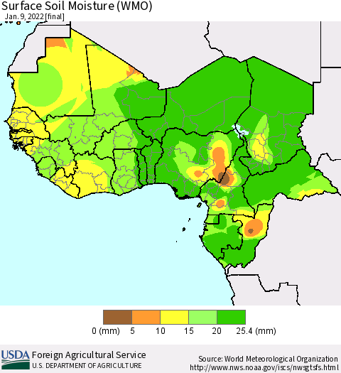 Western Africa Surface Soil Moisture (WMO) Thematic Map For 1/3/2022 - 1/9/2022