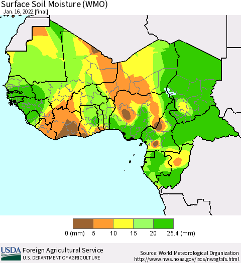Western Africa Surface Soil Moisture (WMO) Thematic Map For 1/10/2022 - 1/16/2022