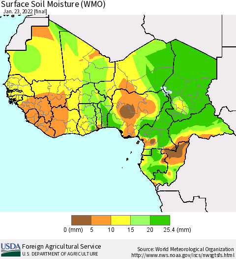 Western Africa Surface Soil Moisture (WMO) Thematic Map For 1/17/2022 - 1/23/2022