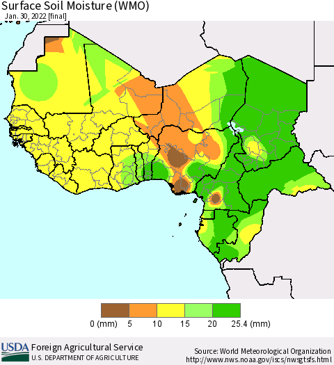 Western Africa Surface Soil Moisture (WMO) Thematic Map For 1/24/2022 - 1/30/2022