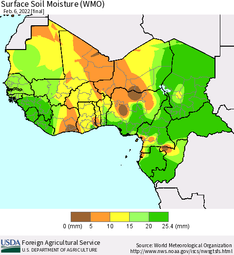 Western Africa Surface Soil Moisture (WMO) Thematic Map For 1/31/2022 - 2/6/2022